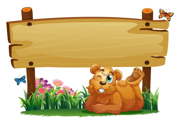 A cute bear under the empty wooden signboard — Stock Vector