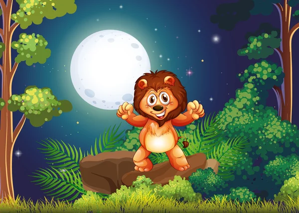Ενός νεαρού λιονταριού σε το δάσος στέκεται πάνω από τον μεγάλο βράχο — Διανυσματικό Αρχείο