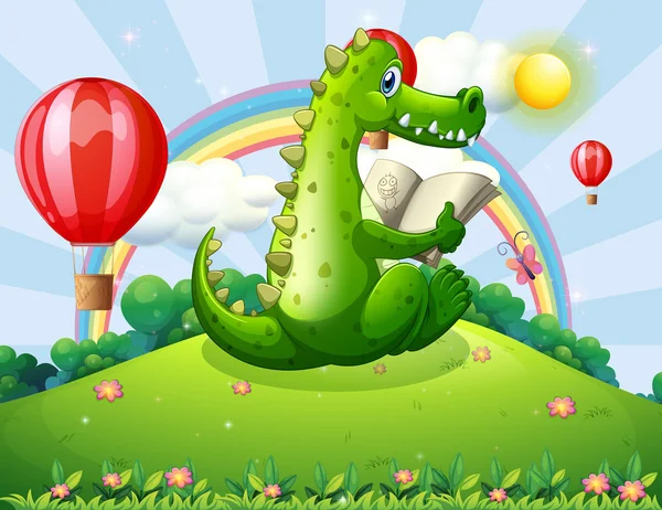 A crocodile reading at the hilltop with a rainbow — Stock Vector