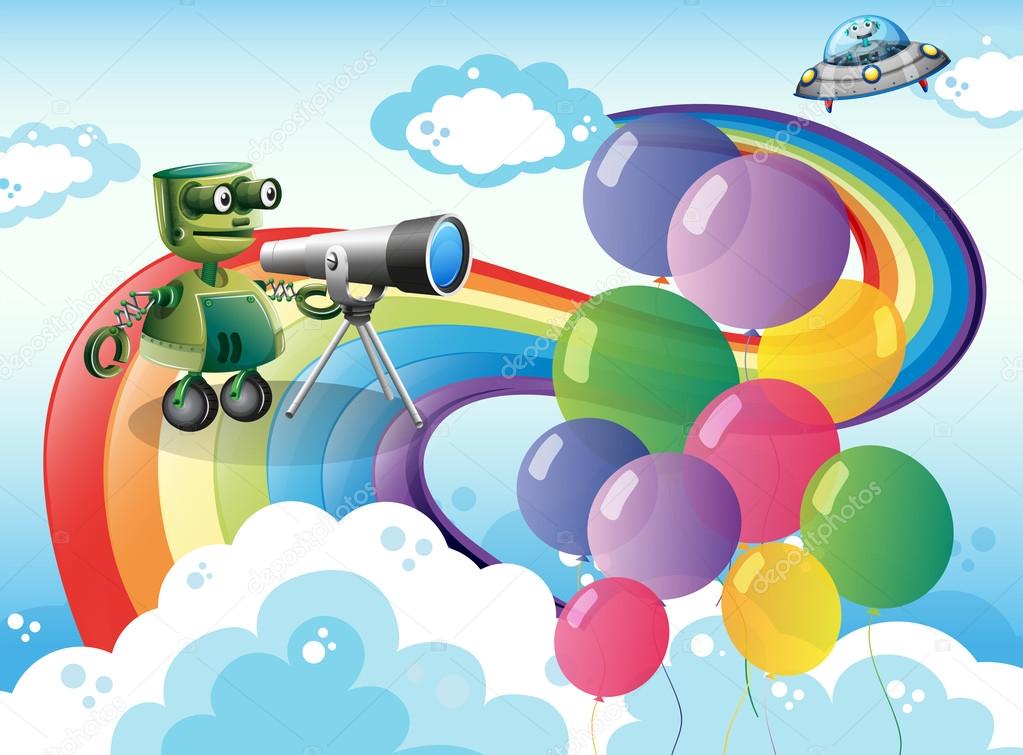 Robots in the sky with a rainbow and balloons