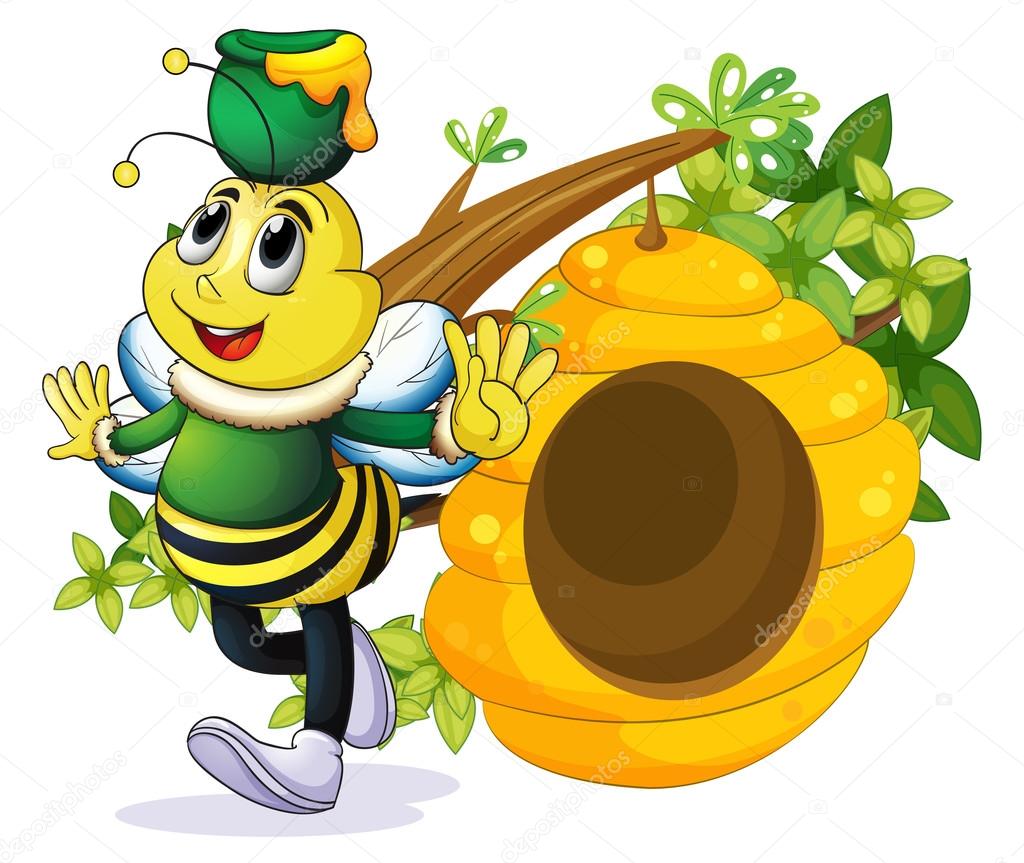 A bee with a pot above its head near the beehive
