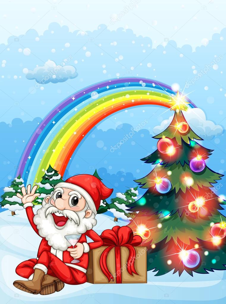 Santa sitting beside the gift near the rainbow