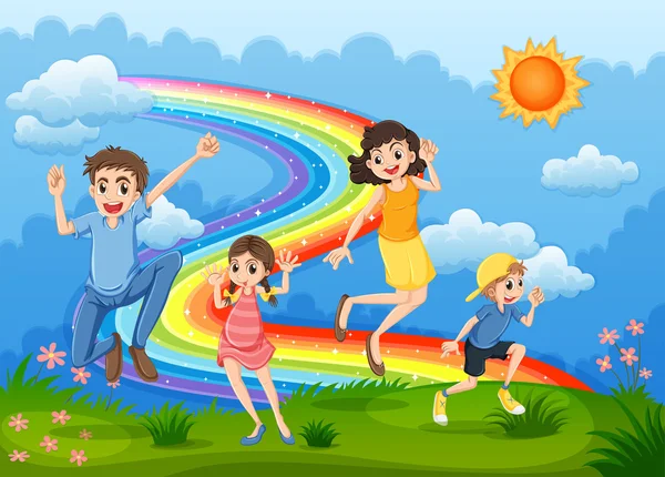 A family at the hilltop playing with the rainbow — Stock Vector