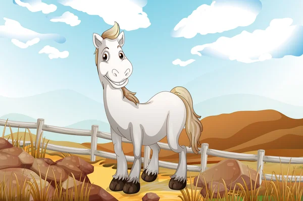 En vit häst nära trästaket — Stock vektor
