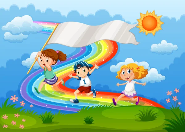 Kinder laufen mit einem leeren Banner und einem Regenbogen am Himmel — Stockvektor
