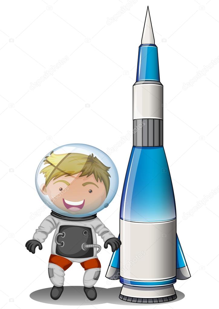 A smiling astronaut beside an airship