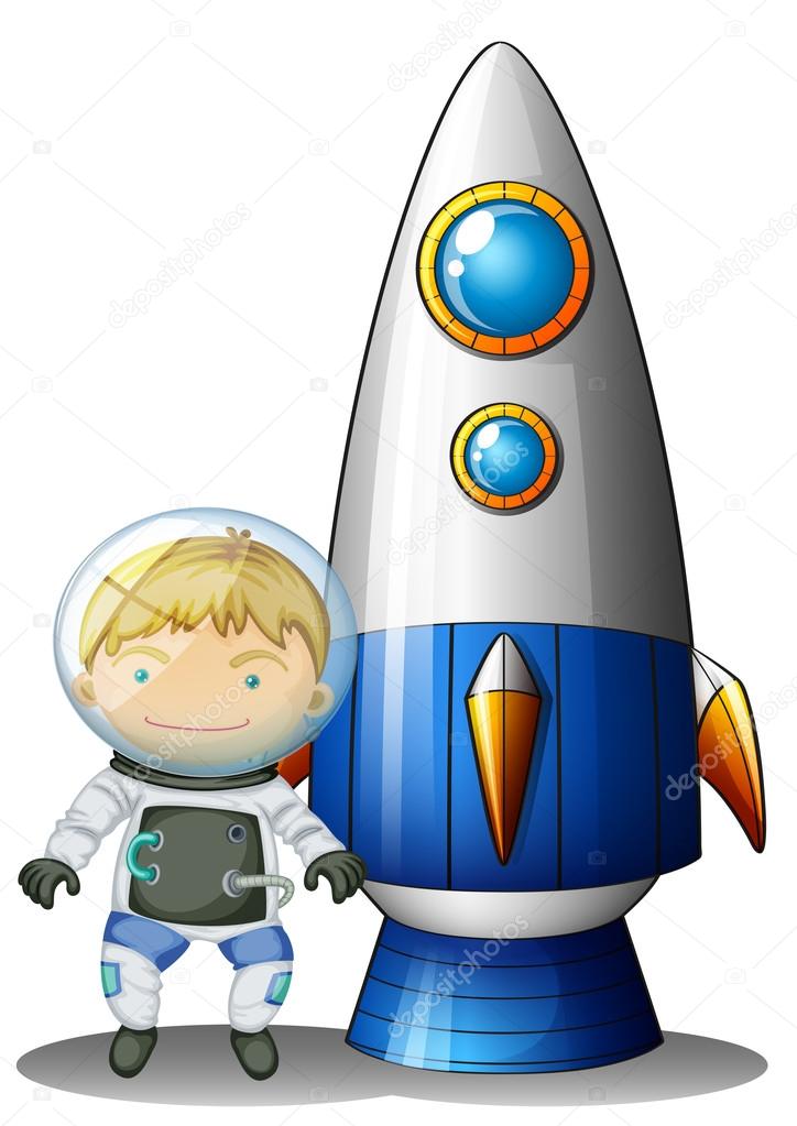 An astronaut beside the airship