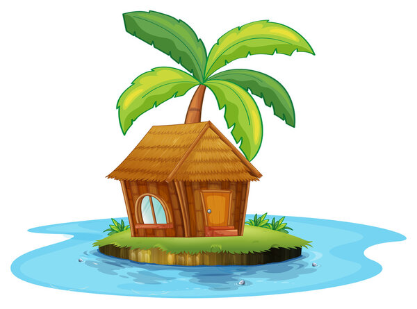 An island with a nipa hut and a palm tree