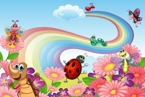 A rainbow at the garden with insects — Stock Vector