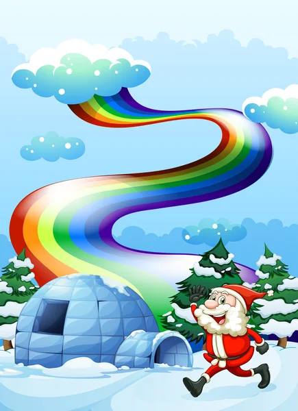 A happy Santa walking near the igloo under the rainbow