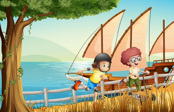 Дети на берегу реки с роликовым коньком и скутером — стоковый вектор