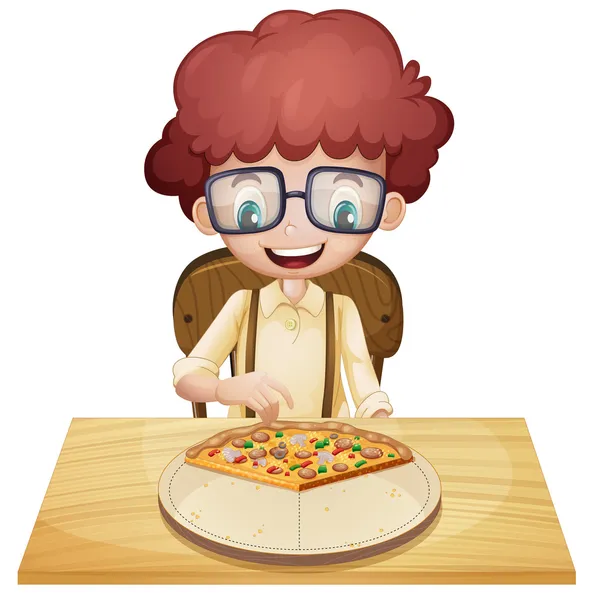 Um menino feliz comendo pizza — Vetor de Stock