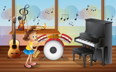 müzik aletleri ile çevrili bir genç kız
