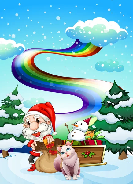 Papai Noel e seu gato em uma área nevada com um arco-íris —  Vetores de Stock