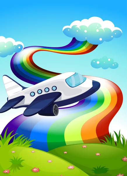 Ein Düsenflugzeug in der Nähe der Bergkuppe mit einem Regenbogen — Stockvektor