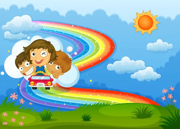 Niños montados en un vehículo que pasa por el arco iris — Vector de stock