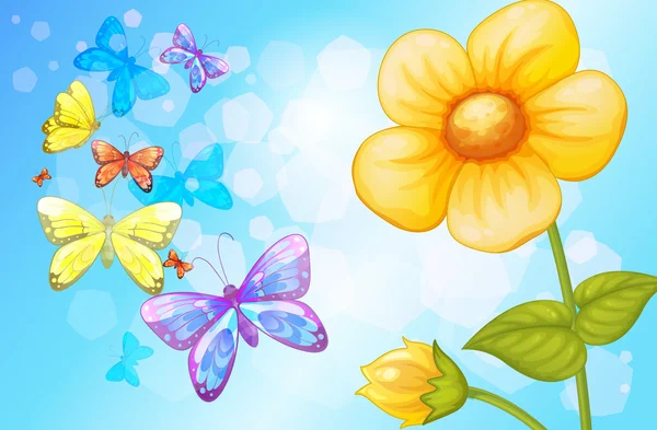 Una gran flor con mariposas — Vector de stock