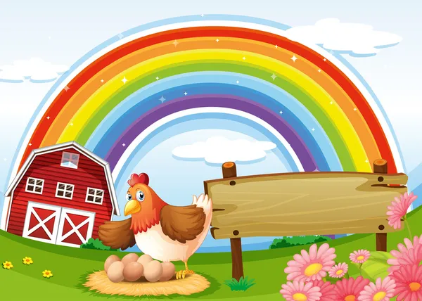 Uma quinta com um arco-íris e uma tabuleta vazia — Vetor de Stock