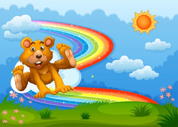 Un cielo con un oso jugando cerca del arco iris — Archivo Imágenes Vectoriales