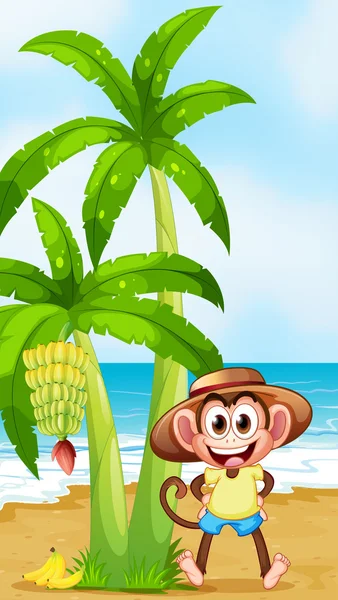 A smiling monkey at the beach with bananas — Stock Vector