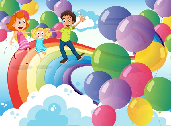 A happy family playing with the rainbow and the floating balloon — Stock Vector