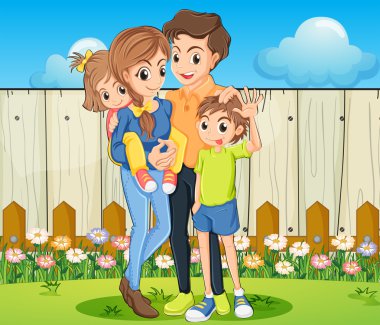 Arka Bahçe ahşap bir çit ile bir aile