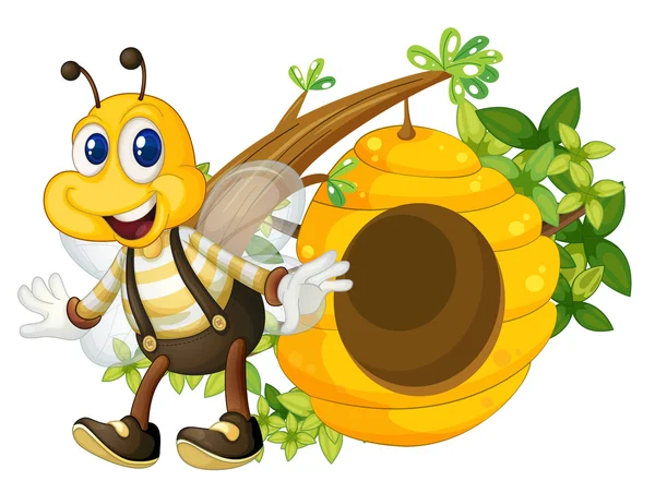 A smiling yellow bee near the beehive — Stock Vector