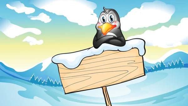 Ein Pinguin lehnt sich über das leere Holzschild — Stockvektor