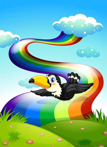 Un pájaro volando cerca del arco iris — Vector de stock