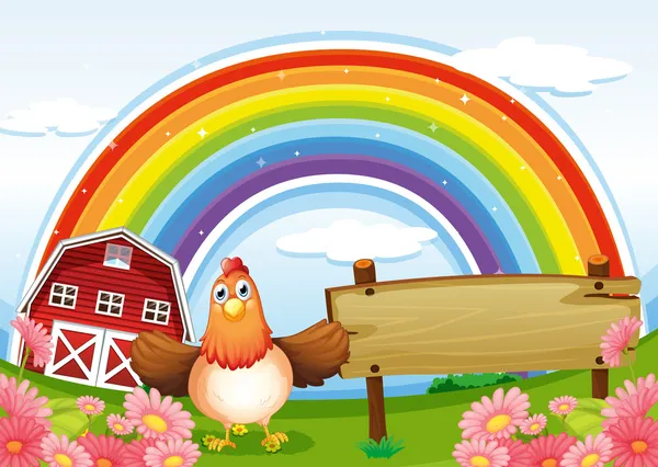 Una granja con una tabla de madera vacía y un arco iris arriba — Vector de stock