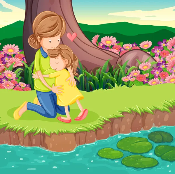 Matka objímala svou dceru na břehu řeky — Stockový vektor