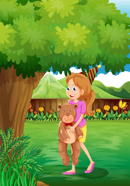 Uma menina com seu brinquedo sob a árvore — Vetor de Stock