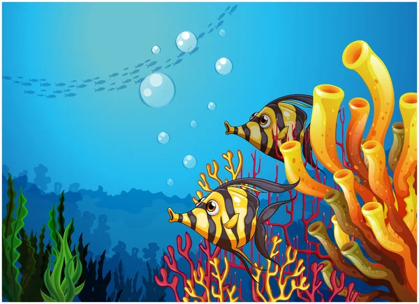 En djupa havet med vackra korallrev och fiskar — 스톡 벡터