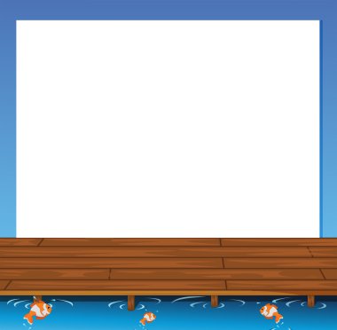 An empty paper template with a wooden bridge and fishes at the b clipart
