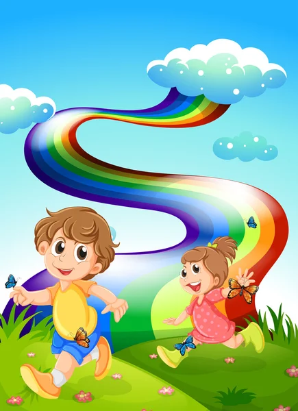 Bambini che camminano sulla collina con un arcobaleno nel cielo — Vettoriale Stock