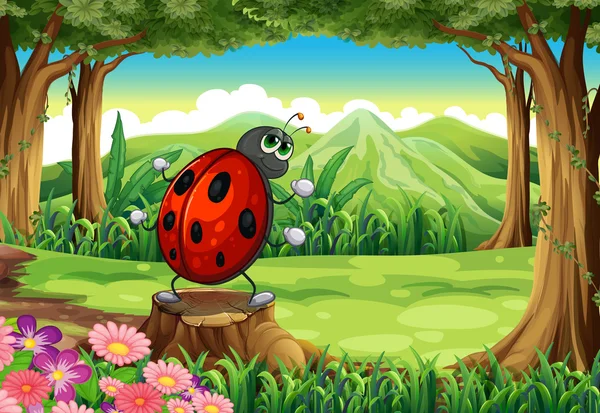 Ein Marienkäfer im Wald, der über dem Baumstumpf steht — Stockvektor