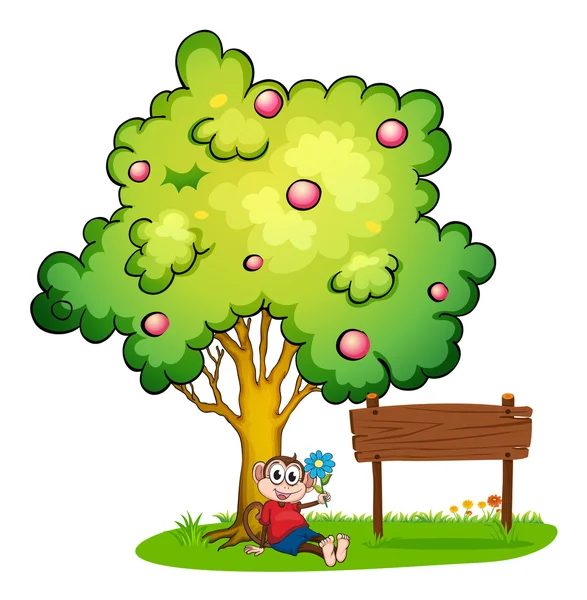 A monkey sitting under the tree beside the empty wooden board — Stock Vector