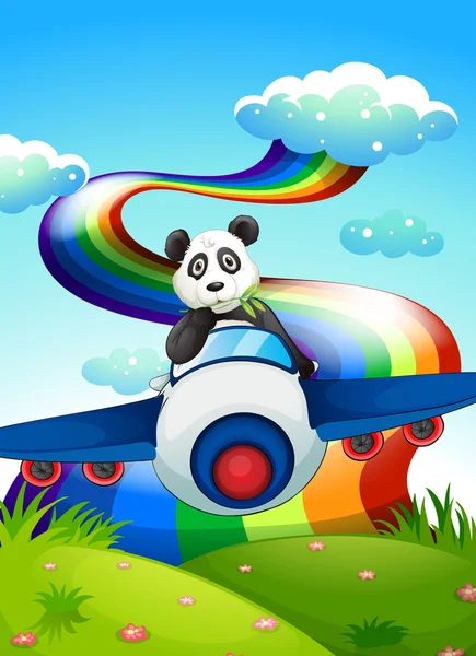 A plane with a panda near the rainbow — Stock Vector