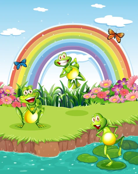 Three playful frogs at the pond and a rainbow in the sky — Stock Vector