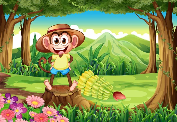 A smiling monkey at the forest standing above the stump — Stock Vector