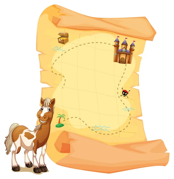Una mappa del tesoro accanto al cavallo sorridente — Vettoriale Stock
