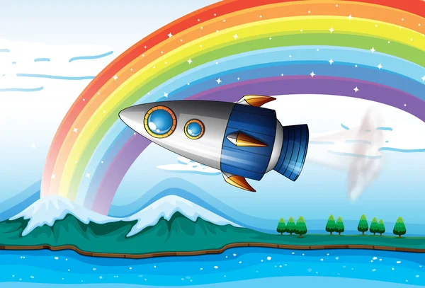 Uma nave espacial perto do arco-íris acima do oceano — Vetor de Stock