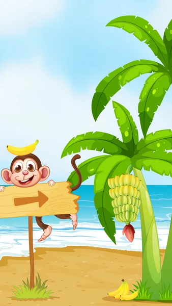 A monkey with a banana above the head playing near the arrowboar — Stock Vector