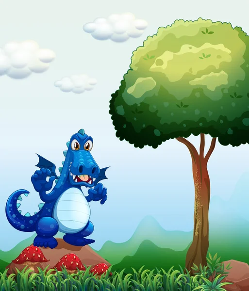 Un drago blu nella foresta in piedi sopra la roccia — Vettoriale Stock