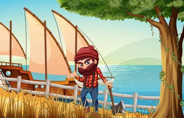 Ένα ξυλοκόπος στέκεται στις όχθες του ποταμού με ένα ξύλινο πλοίο — Διανυσματικό Αρχείο
