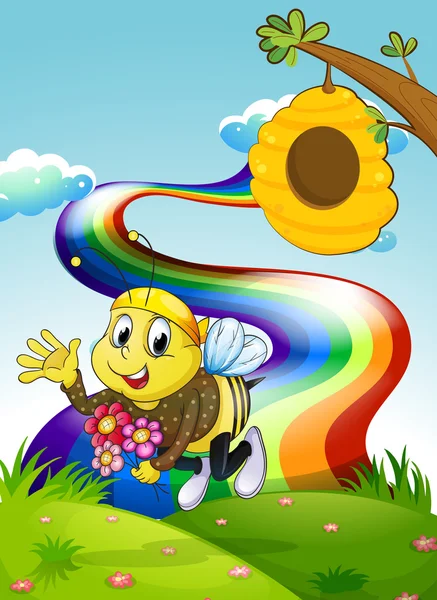 A rainbow at the hilltop with a bee and a beehive — Stock Vector