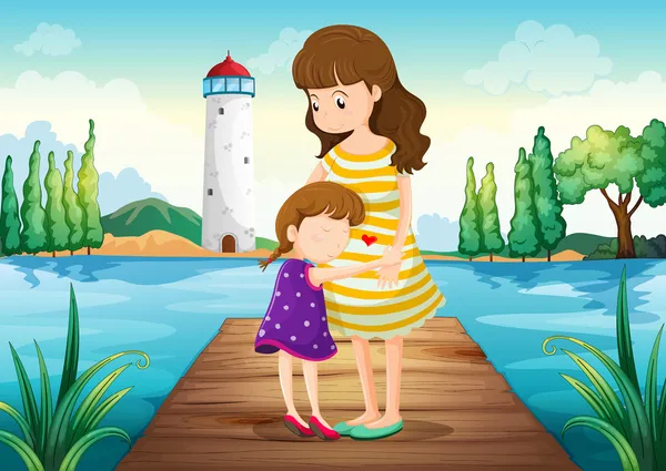 stock vector A young girl hugging her mother at the bridge