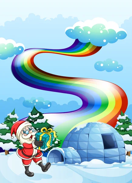 Santa Claus cerca del iglú y un arco iris en el cielo — Vector de stock