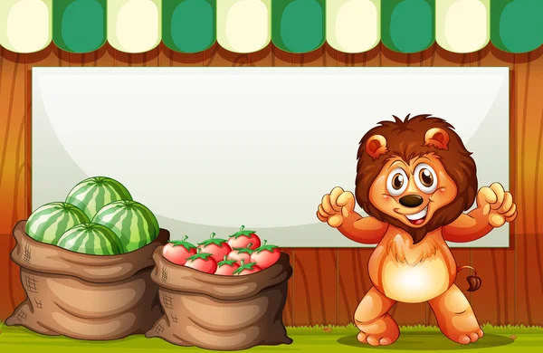 Un lion heureux vendant des fruits avec un gabarit vide à l'arrière — Image vectorielle