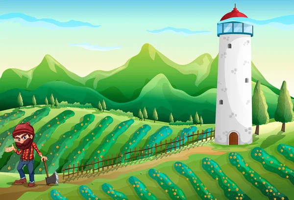 Ein Bauernhof mit Holzfäller und Turm — Stockvektor